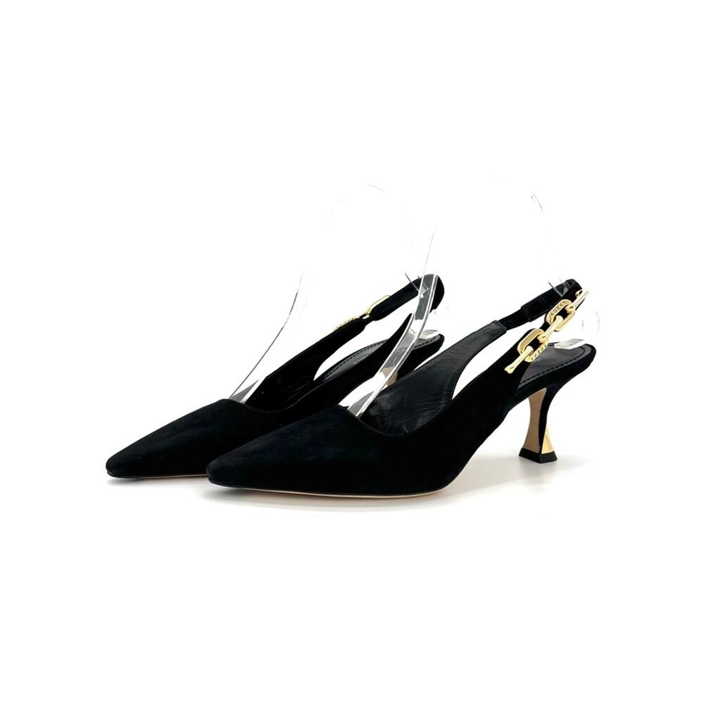 NEW Louis Vuitton Sparkle Slingback Chain Black Suede Kitten Heel Pumps 38